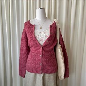 Appleseed's Y2K Style Grannycore Pink Cable Knit 100% Wool Cardigan Sweater PL.